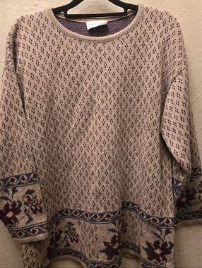 Vintage Oversized Grandpa Knit Sweater Floral Border Cozy Cottagecore